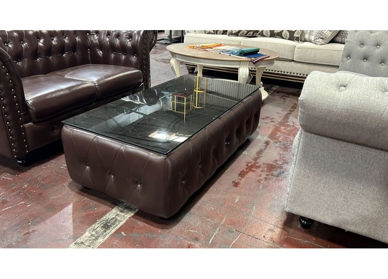 Francis Tufted Coffee Table with Glass Top - Brown